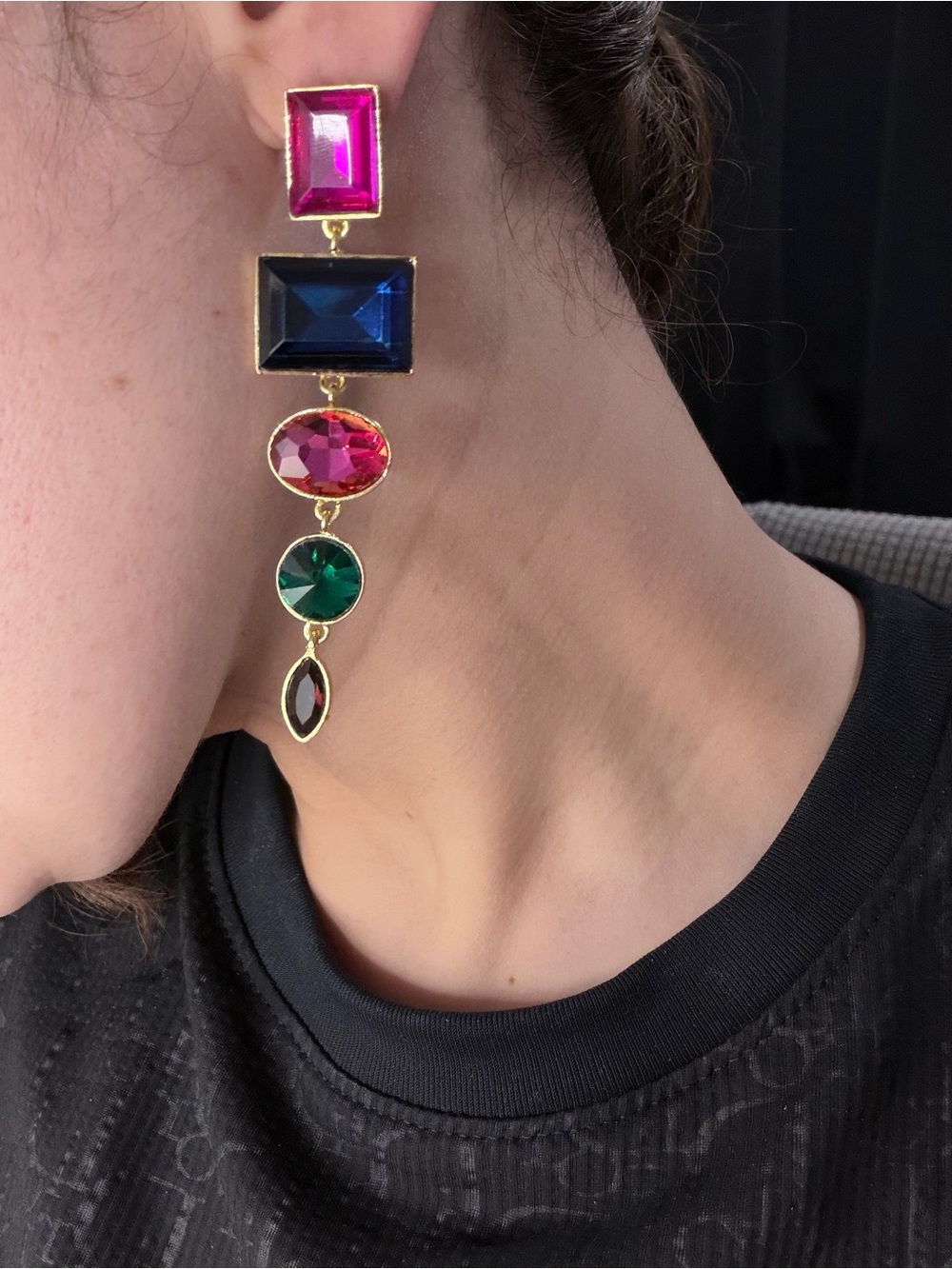 Gold-Tone Multicolor Gem Drop Earrings (Pink, Blue, Green)
